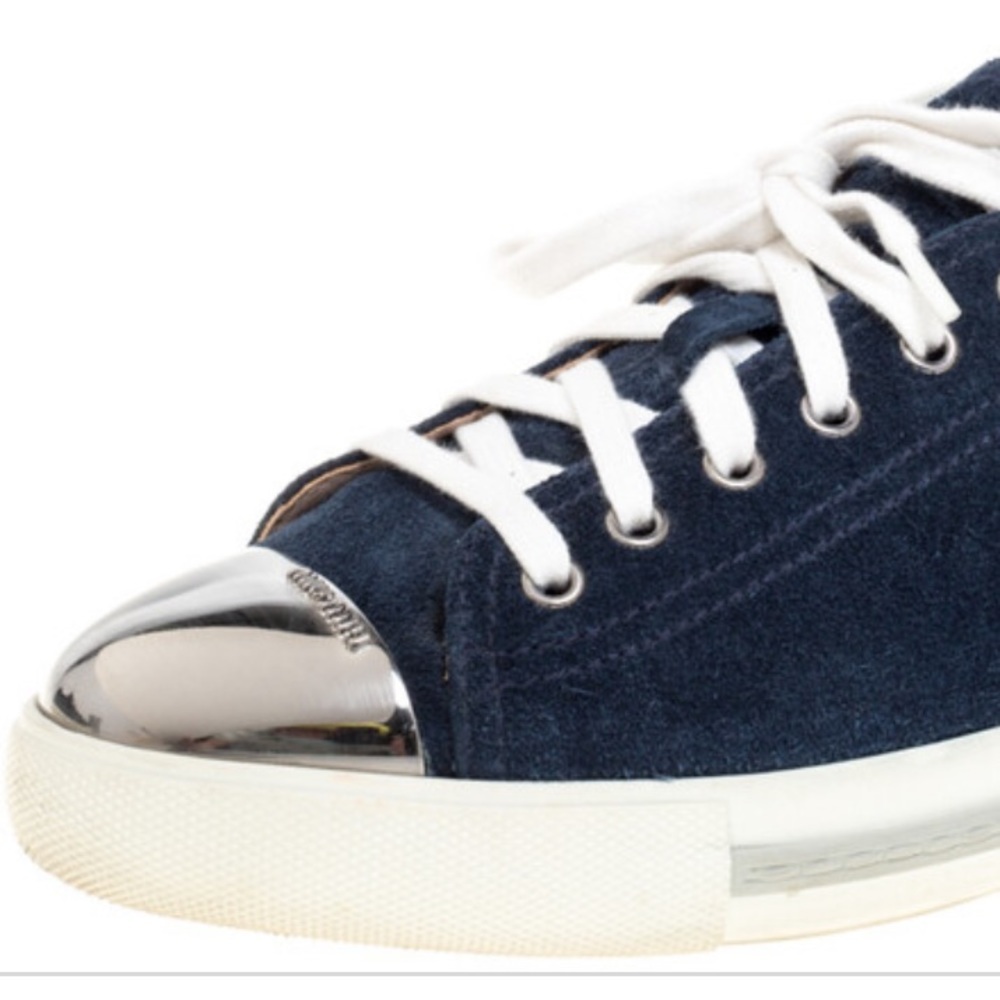 Miu Miu Navy blue Suede Silver Metal Cap Toe Logo White Lace Sneakers